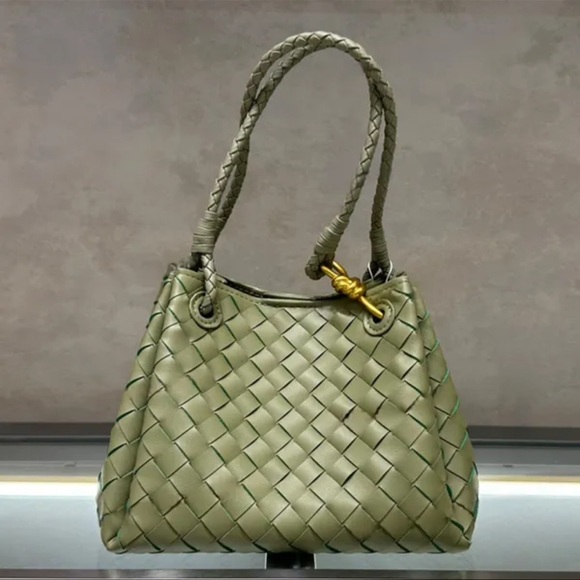 Elegant Woven Leather Handbag - Olive Green - Picture 1 of 11